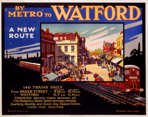 By 'Metro' to Watford, artist unknown, published by the Metropolitan Railway, 1925