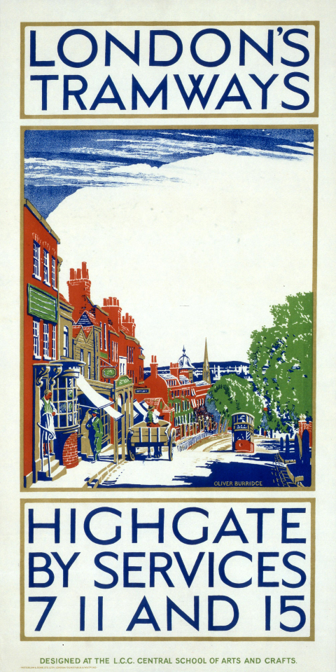 Highgate, by Oliver Burridge, published by the London County Council Tramways circa 1925