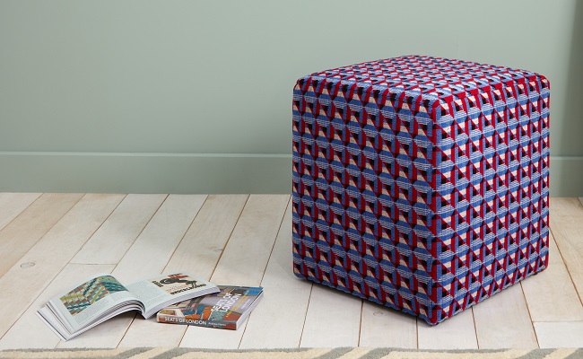 Red, white and blue piccadilly moquette upholstered cube