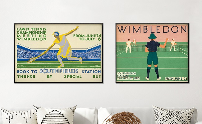 Two artworks framed in black frames on white wall depicting tennis at Wimbledon